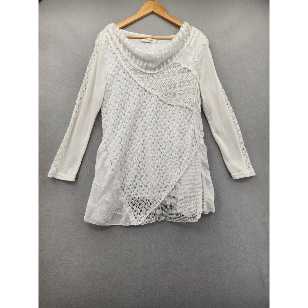 Simply Couture White Lace Crochet Tunic‎ Top Boho Mixed Media Cowl Neck Large